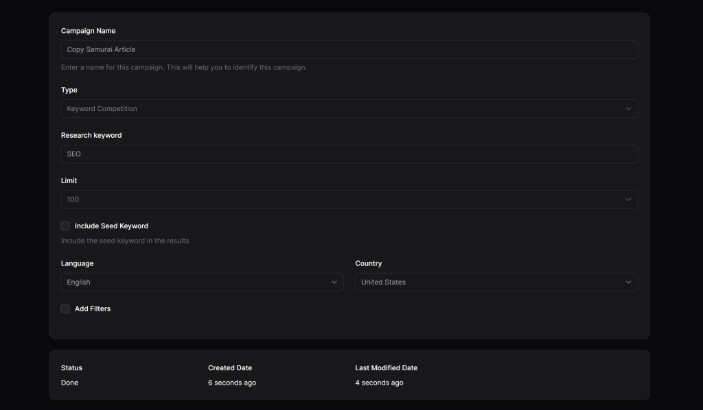 Kwestify keyword analysis campaign